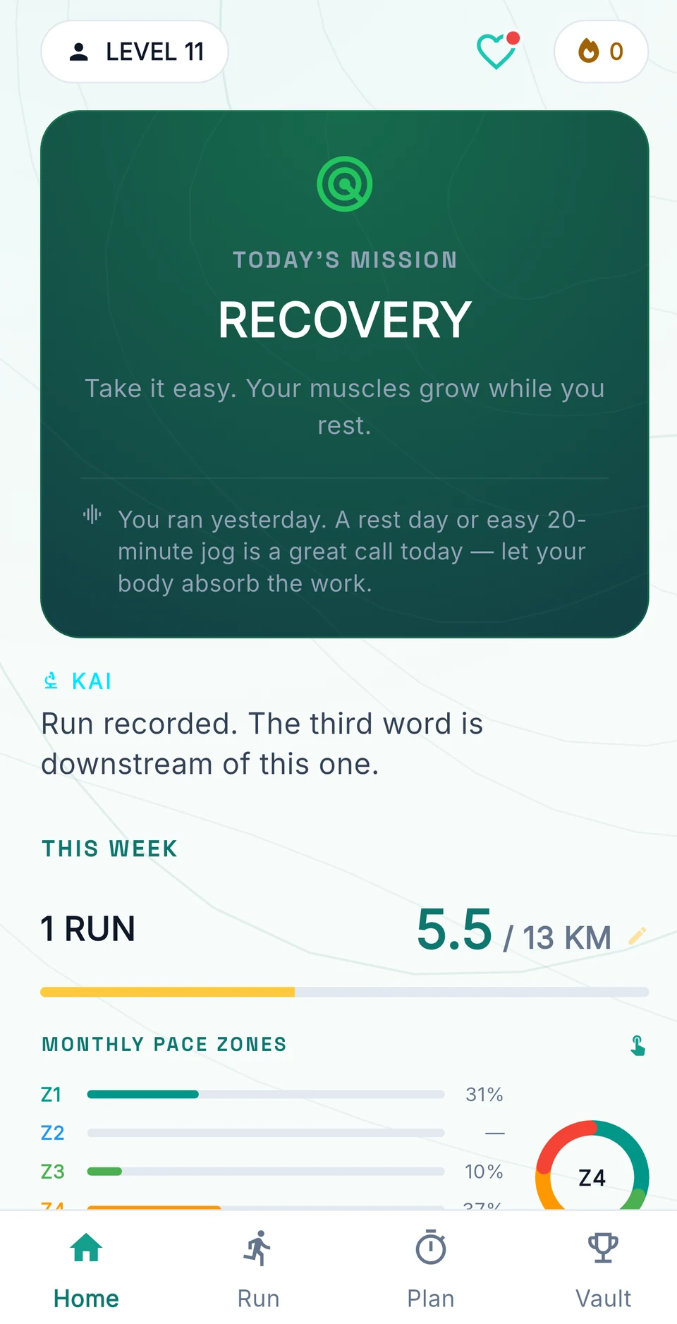 The Outrunr home screen showing today's mission set to recovery, a note from the Kai coaching voice, weekly distance progress and a monthly pace zone breakdown