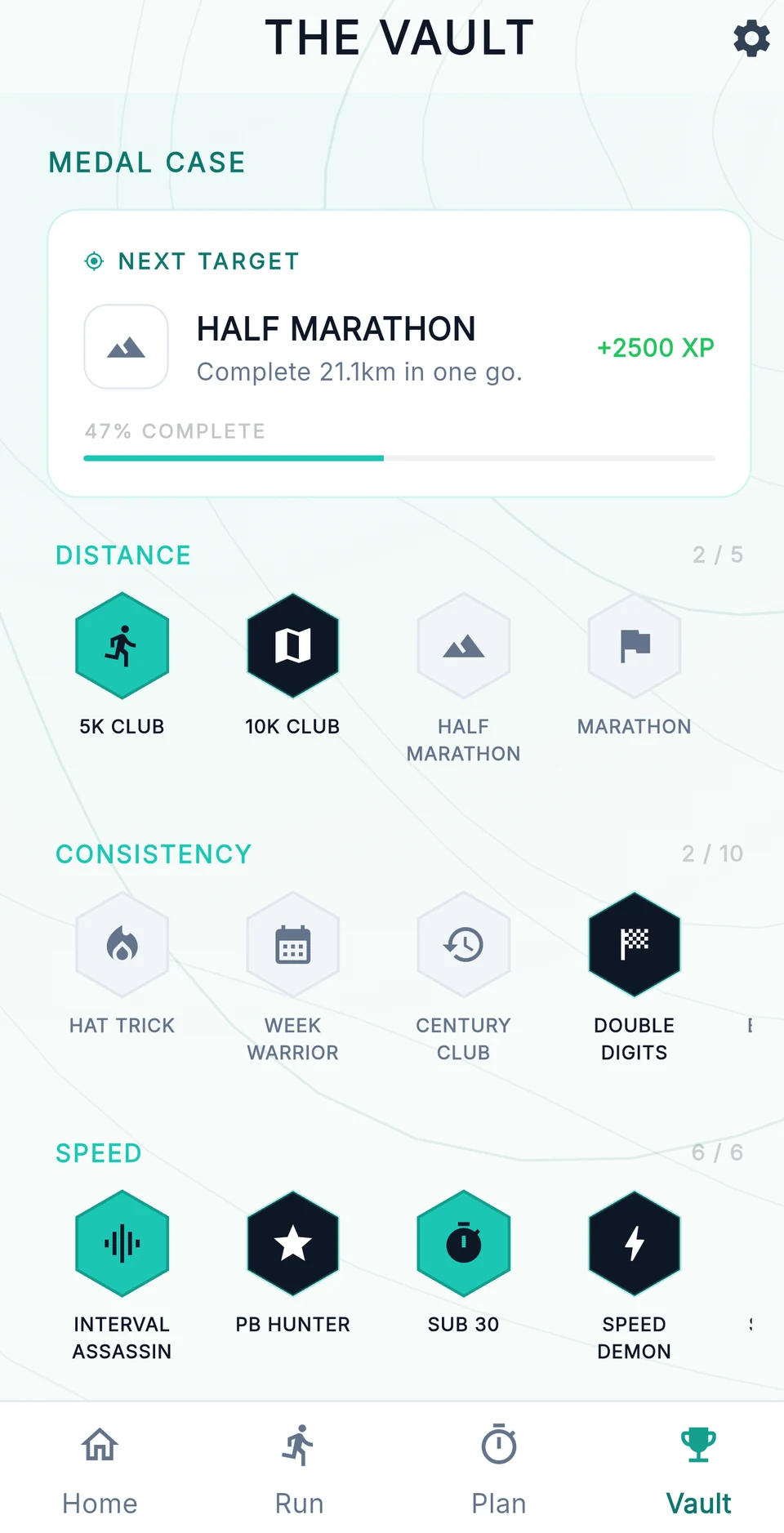 Medal case with distance, consistency and speed categories, and a half marathon set as the next target