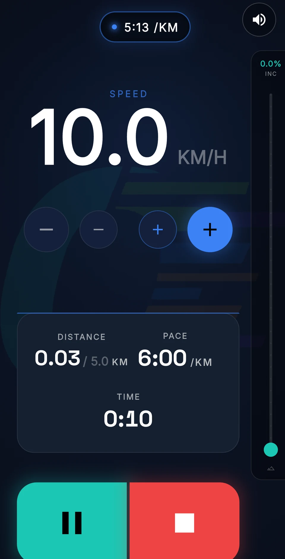Treadmill mode showing speed in kilometres per hour, incline, distance, pace and elapsed time