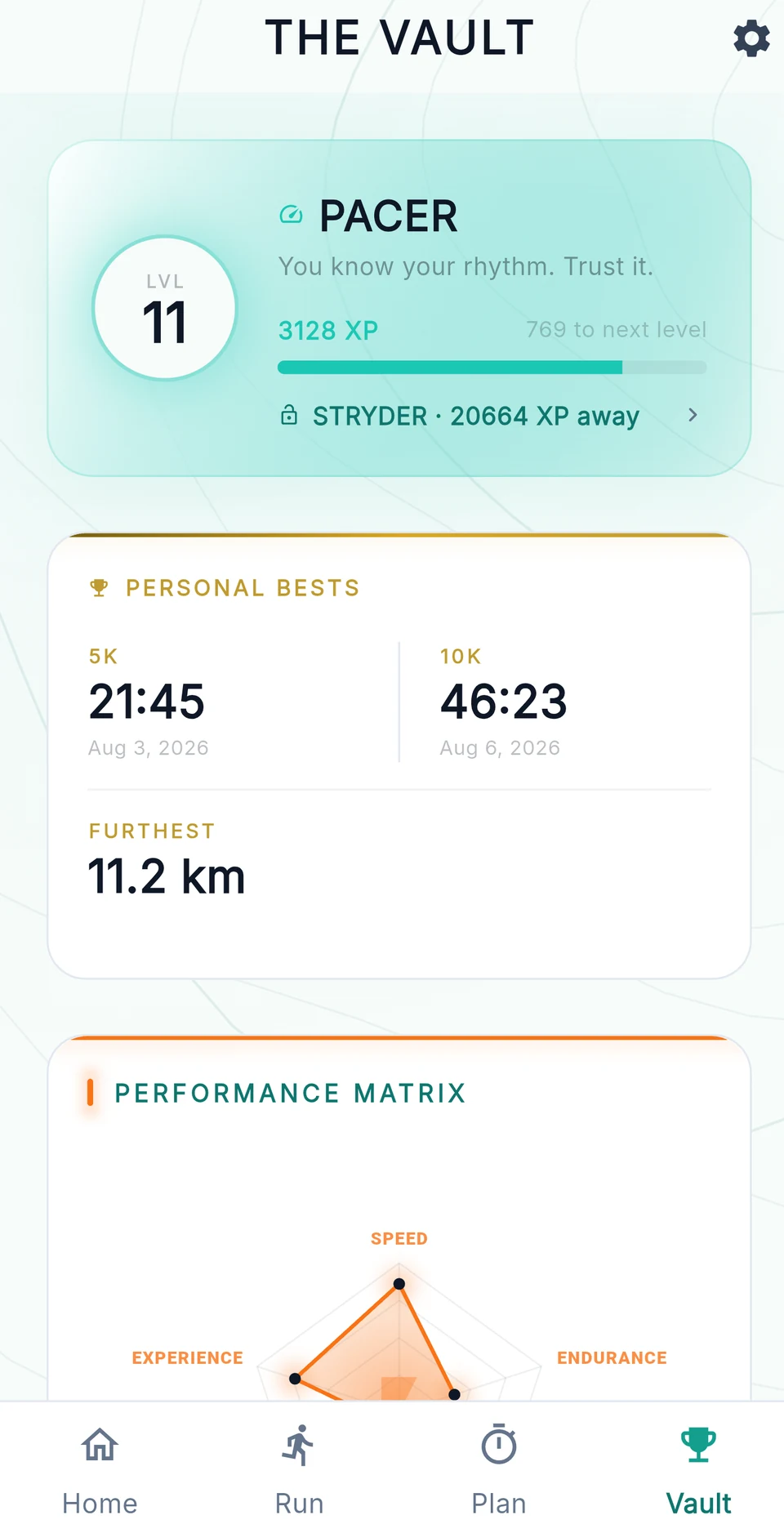 The Vault showing the Pacer rank at level 11, personal bests for 5K and 10K, and a performance matrix